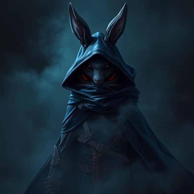 A super-badass full-body portrait of a fantasy shadow assassin rabbit, designed as an anthro character with prominent bunny ears and a sleek fur coat