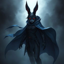 A super-badass full-body portrait of a fantasy shadow assassin rabbit, designed as an anthro character with prominent bunny ears and a sleek fur coat