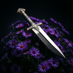 A striking image of a single real ritual dagger resting atop a vibrant bed of purple aster flowers