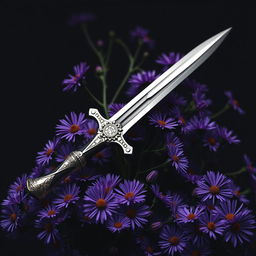A striking image of a single real ritual dagger resting atop a vibrant bed of purple aster flowers
