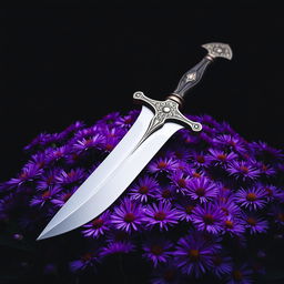 A striking image of a single real ritual dagger resting atop a vibrant bed of purple aster flowers