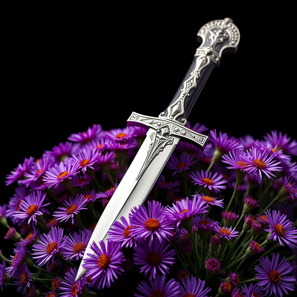 A striking image of a single real ritual dagger resting atop a vibrant bed of purple aster flowers