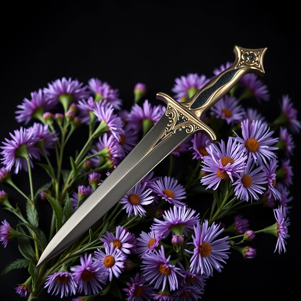 An enchanting cover featuring a single real ritual dagger elegantly positioned on a lush arrangement of purple aster flowers