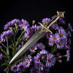 An enchanting cover featuring a single real ritual dagger elegantly positioned on a lush arrangement of purple aster flowers