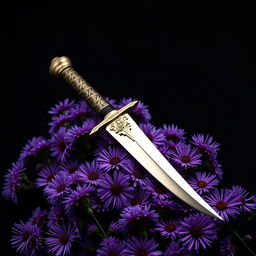 An enchanting cover featuring a single real ritual dagger elegantly positioned on a lush arrangement of purple aster flowers