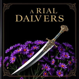 An enchanting cover featuring a single real ritual dagger elegantly positioned on a lush arrangement of purple aster flowers