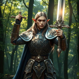 A regal half-elf paladin in full armor, standing heroically with a shining sword raised