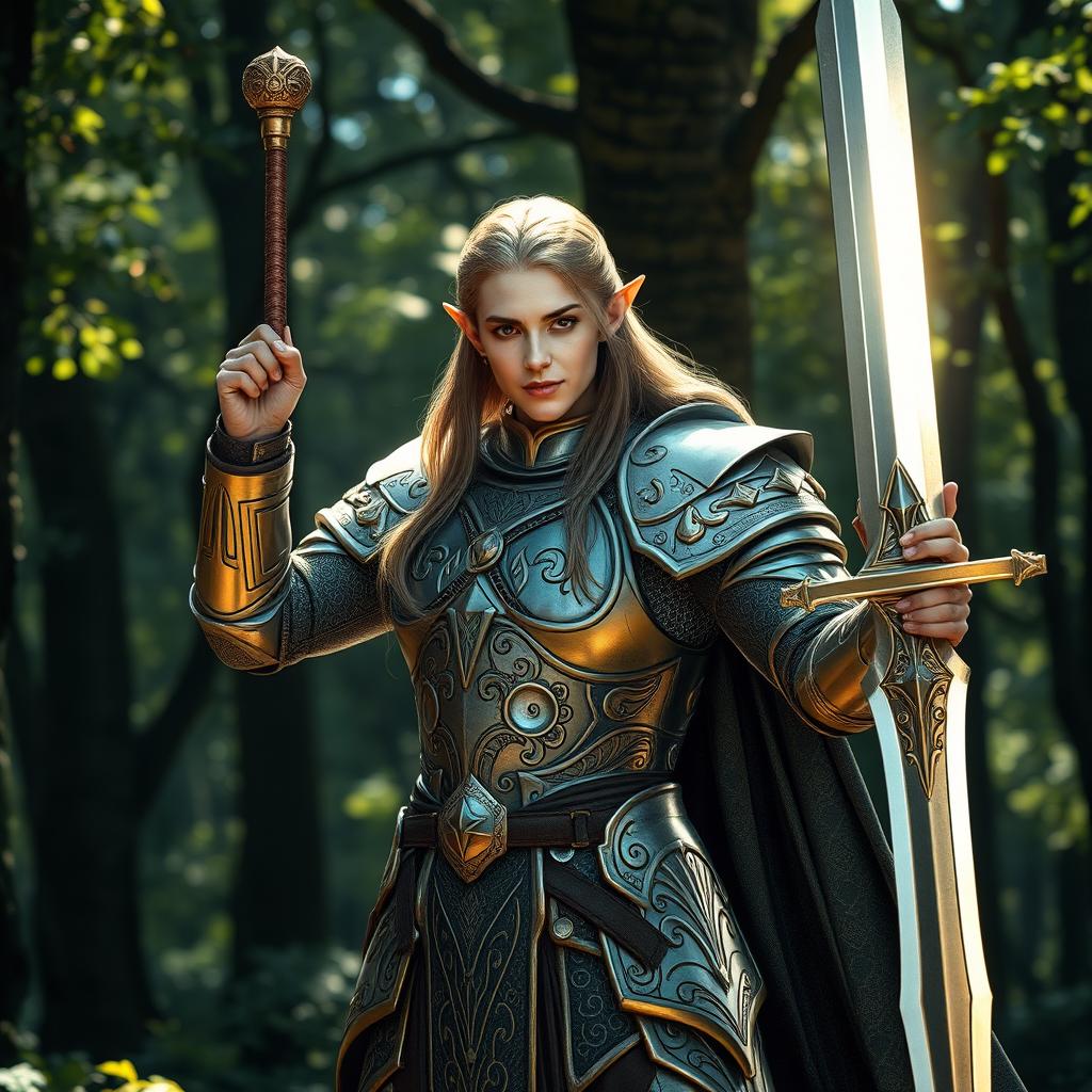 A regal half-elf paladin in full armor, standing heroically with a shining sword raised
