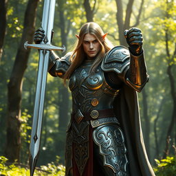 A regal half-elf paladin in full armor, standing heroically with a shining sword raised