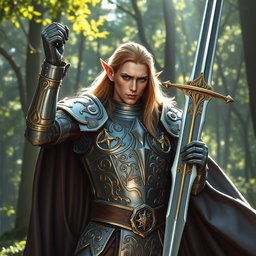 A regal half-elf paladin in full armor, standing heroically with a shining sword raised