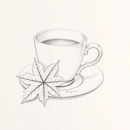 A finely detailed pencil sketch of a coffee cup elegantly placed on a saucer, accompanied by a beautifully rendered maple leaf resting beside it