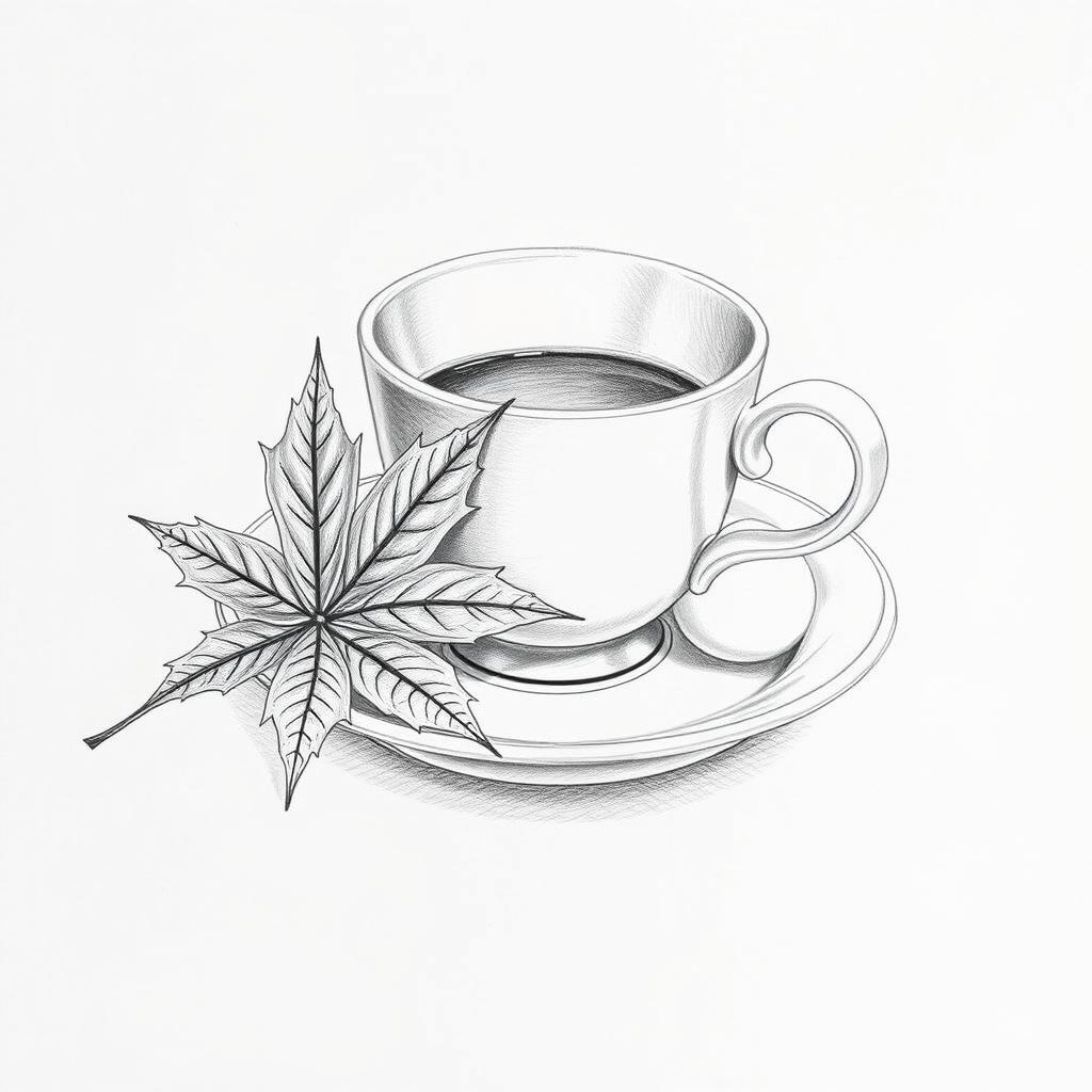 A finely detailed pencil sketch of a coffee cup elegantly placed on a saucer, accompanied by a beautifully rendered maple leaf resting beside it
