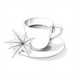 A finely detailed pencil sketch of a coffee cup elegantly placed on a saucer, accompanied by a beautifully rendered maple leaf resting beside it