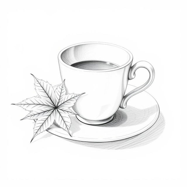 A finely detailed pencil sketch of a coffee cup elegantly placed on a saucer, accompanied by a beautifully rendered maple leaf resting beside it