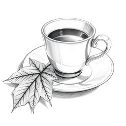 A finely detailed pencil sketch of a coffee cup elegantly placed on a saucer, accompanied by a beautifully rendered maple leaf resting beside it