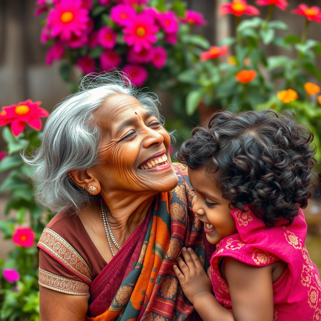 An Indian old woman with silver hair, wearing a colorful sari adorned with intricate patterns, smiling joyfully as she gently kisses a young child with curly hair in a traditional village setting