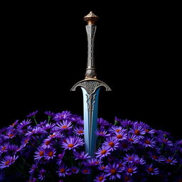 A striking cover design featuring a single, intricately designed ritual dagger placed atop a lush bed of vibrant purple aster flowers