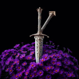 A striking cover design featuring a single, intricately designed ritual dagger placed atop a lush bed of vibrant purple aster flowers