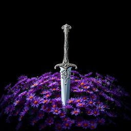 A striking cover design featuring a single, intricately designed ritual dagger placed atop a lush bed of vibrant purple aster flowers