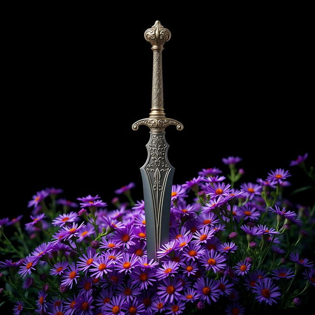 A striking cover design featuring a single, intricately designed ritual dagger placed atop a lush bed of vibrant purple aster flowers