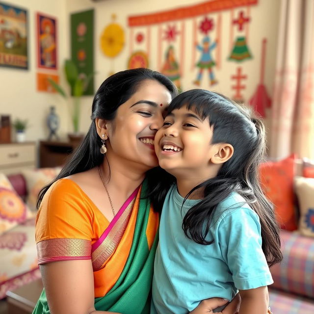 A warm and tender moment between an Indian mother and her young son sharing a loving kiss on the cheek, both with joyful expressions