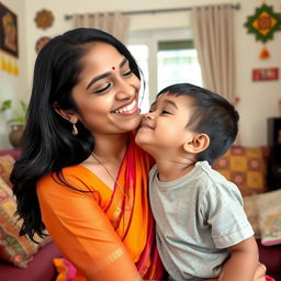 A warm and tender moment between an Indian mother and her young son sharing a loving kiss on the cheek, both with joyful expressions