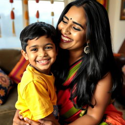 A warm and tender moment between an Indian mother and her young son sharing a loving kiss on the cheek, both with joyful expressions