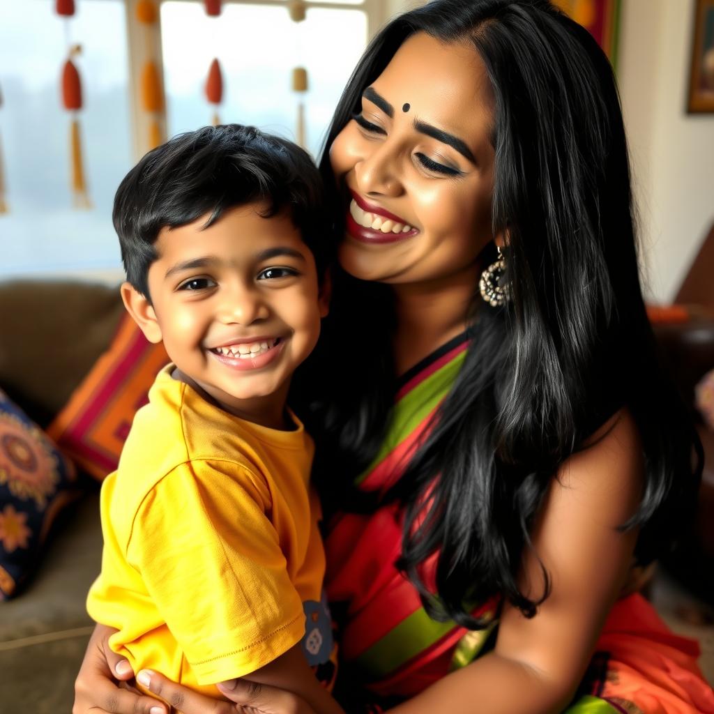 A warm and tender moment between an Indian mother and her young son sharing a loving kiss on the cheek, both with joyful expressions