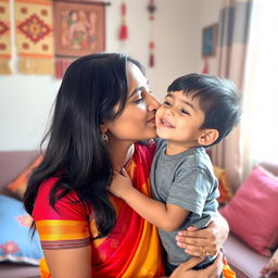 A warm and tender moment between an Indian mother and her young son sharing a loving kiss on the cheek, both with joyful expressions
