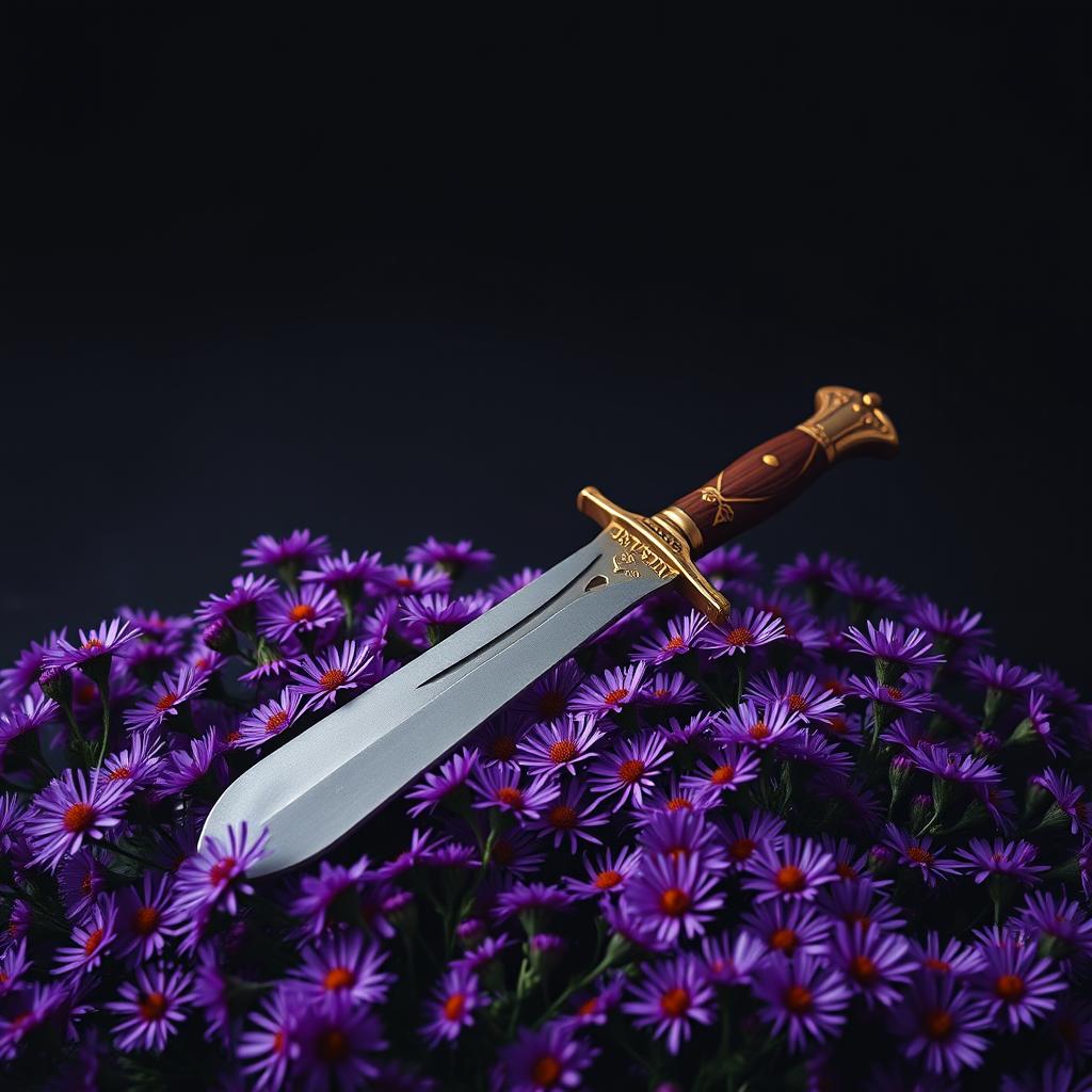 A captivating cover design featuring a single, authentic ritual dagger laid gently on a rich bed of blooming purple aster flowers