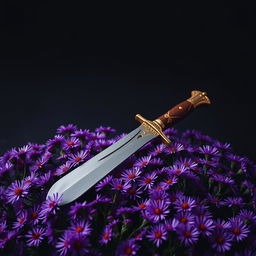 A captivating cover design featuring a single, authentic ritual dagger laid gently on a rich bed of blooming purple aster flowers