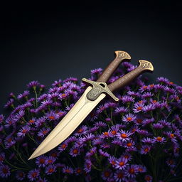 A captivating cover design featuring a single, authentic ritual dagger laid gently on a rich bed of blooming purple aster flowers