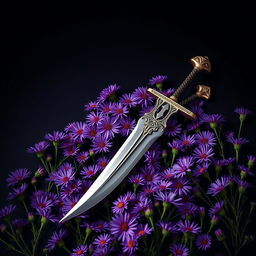 A captivating cover design featuring a single, authentic ritual dagger laid gently on a rich bed of blooming purple aster flowers