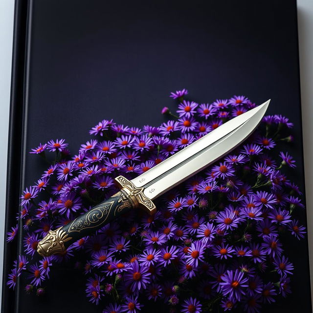A captivating cover design featuring a single, authentic ritual dagger laid gently on a rich bed of blooming purple aster flowers
