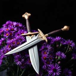 A visually striking cover design featuring a single, authentic ritual dagger laid elegantly on a rich cluster of vibrant purple aster flowers