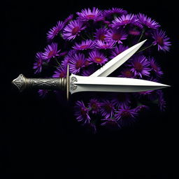 A visually striking cover design featuring a single, authentic ritual dagger laid elegantly on a rich cluster of vibrant purple aster flowers