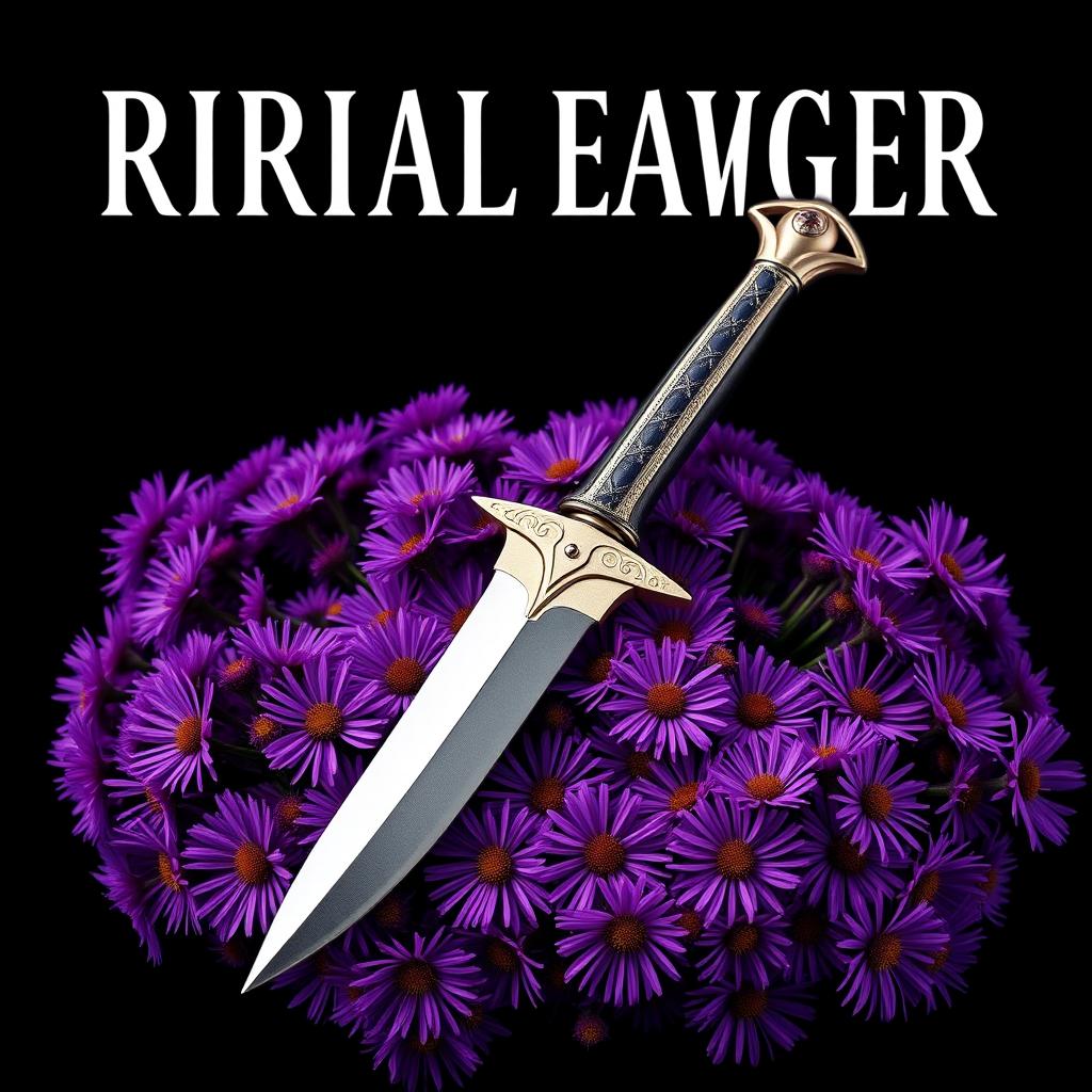 A visually striking cover design featuring a single, authentic ritual dagger laid elegantly on a rich cluster of vibrant purple aster flowers