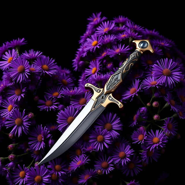 A visually striking cover design featuring a single, authentic ritual dagger laid elegantly on a rich cluster of vibrant purple aster flowers