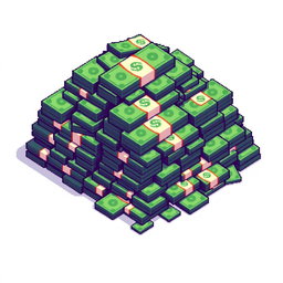 A vibrant pixel art image of a large pile of cash, detailed with various denominations of banknotes stacked haphazardly