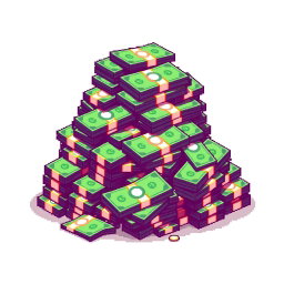 A vibrant pixel art image of a large pile of cash, detailed with various denominations of banknotes stacked haphazardly