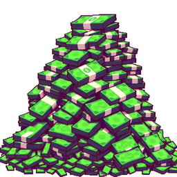 A vibrant pixel art image of a large pile of cash, detailed with various denominations of banknotes stacked haphazardly