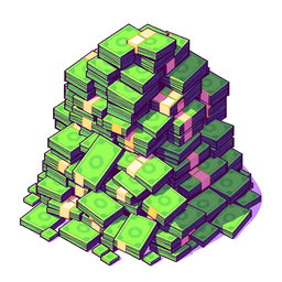 A vibrant pixel art image of a large pile of cash, detailed with various denominations of banknotes stacked haphazardly