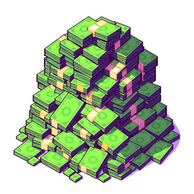 A vibrant pixel art image of a large pile of cash, detailed with various denominations of banknotes stacked haphazardly
