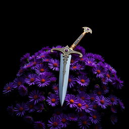 An enchanting cover design featuring a single, authentic ritual dagger elegantly resting on a lush array of vibrant purple aster flowers