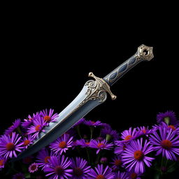 An enchanting cover design featuring a single, authentic ritual dagger elegantly resting on a lush array of vibrant purple aster flowers