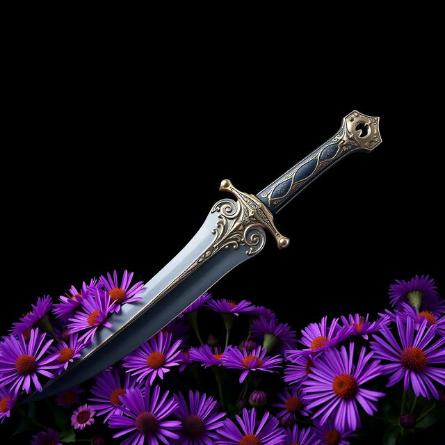 An enchanting cover design featuring a single, authentic ritual dagger elegantly resting on a lush array of vibrant purple aster flowers