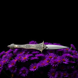 An enchanting cover design featuring a single, authentic ritual dagger elegantly resting on a lush array of vibrant purple aster flowers
