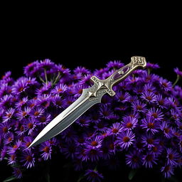 An enchanting cover design featuring a single, authentic ritual dagger elegantly resting on a lush array of vibrant purple aster flowers