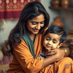 A scene depicting a nurturing moment between an Indian mother and her young son, focusing on a loving and affectionate atmosphere