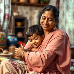 A scene depicting a nurturing moment between an Indian mother and her young son, focusing on a loving and affectionate atmosphere